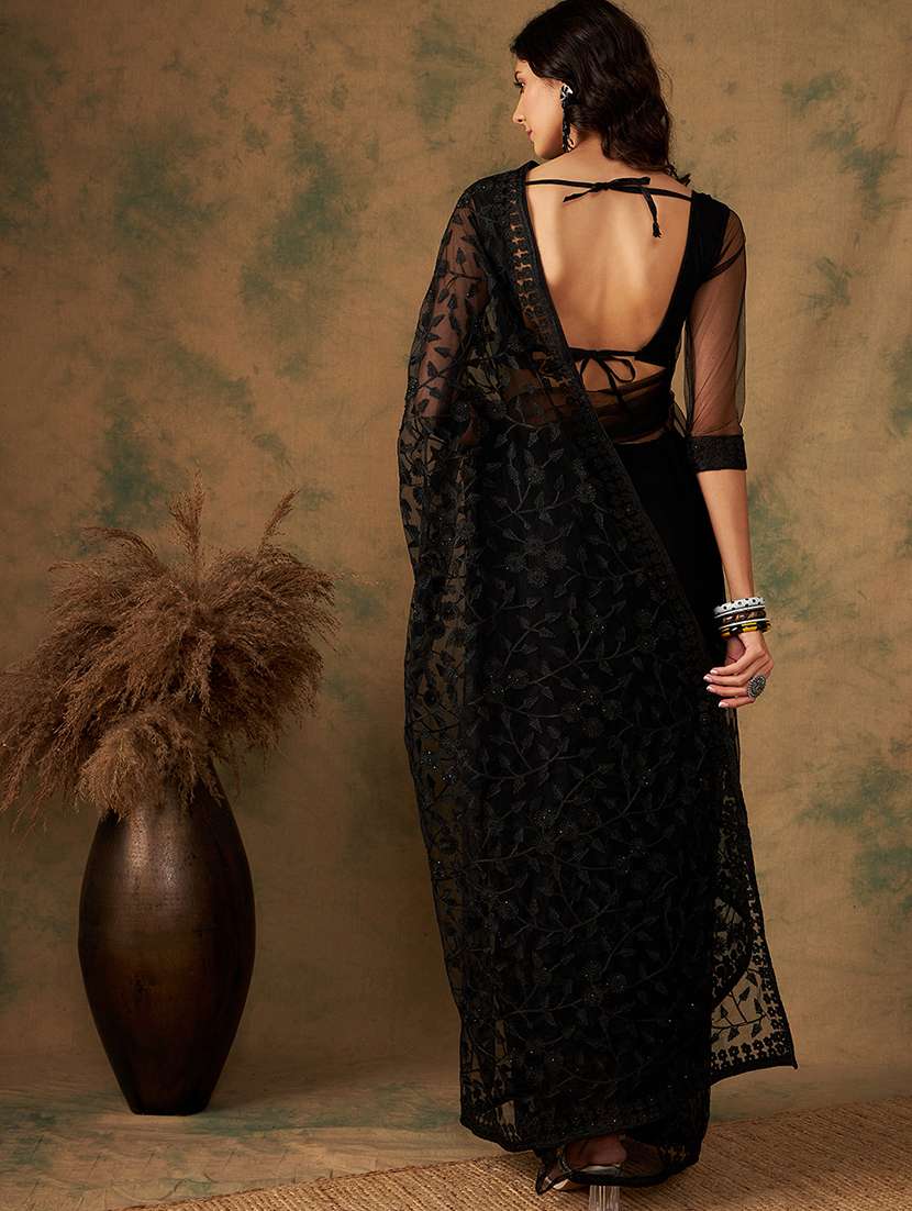 Women Solid With Work Embroidered Saree With Blouse - 22660441 -  Standard Image - 3