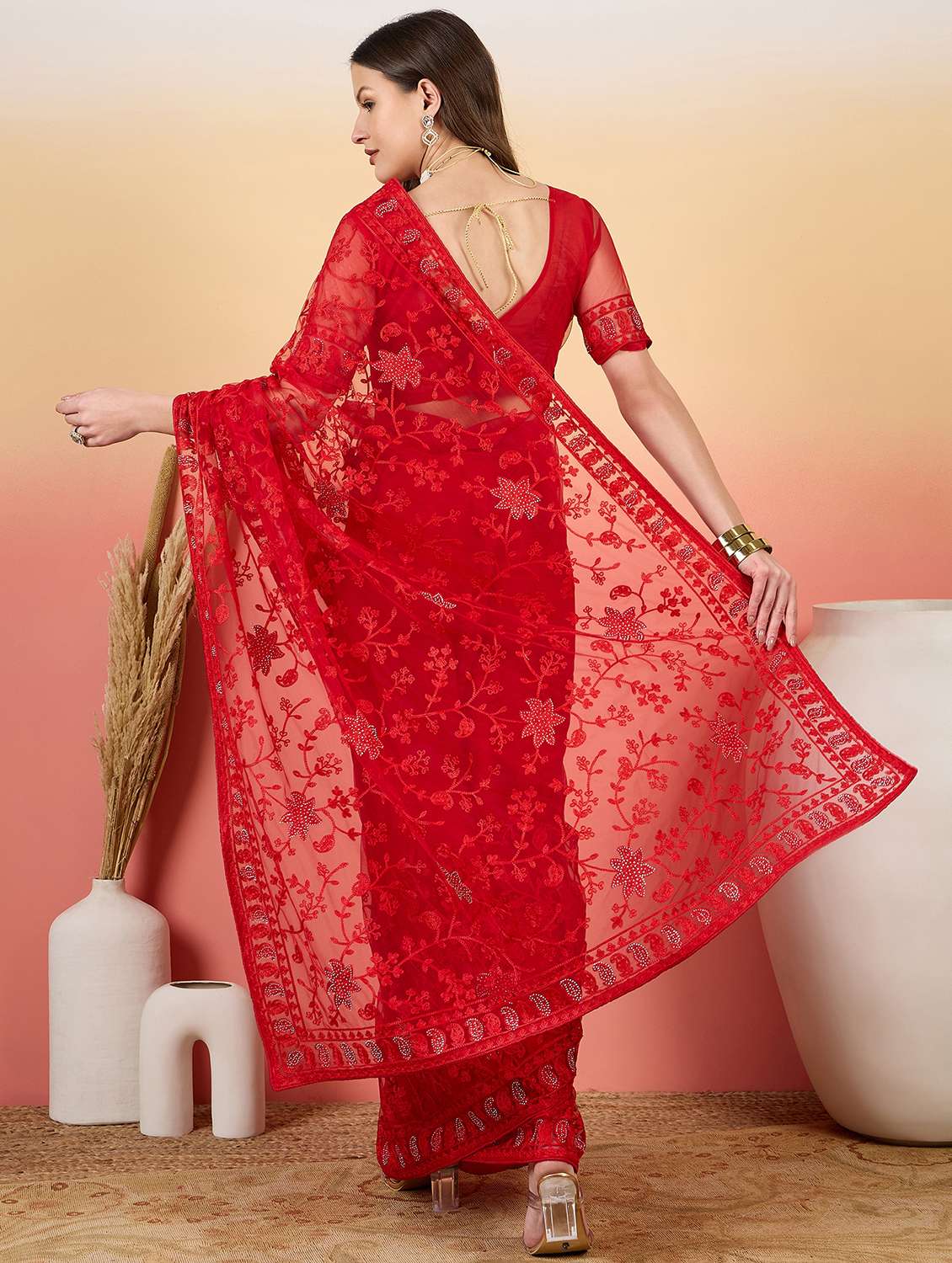 Women Solid With Work Embroidered Saree With Blouse - 22660661 -  Standard Image - 3