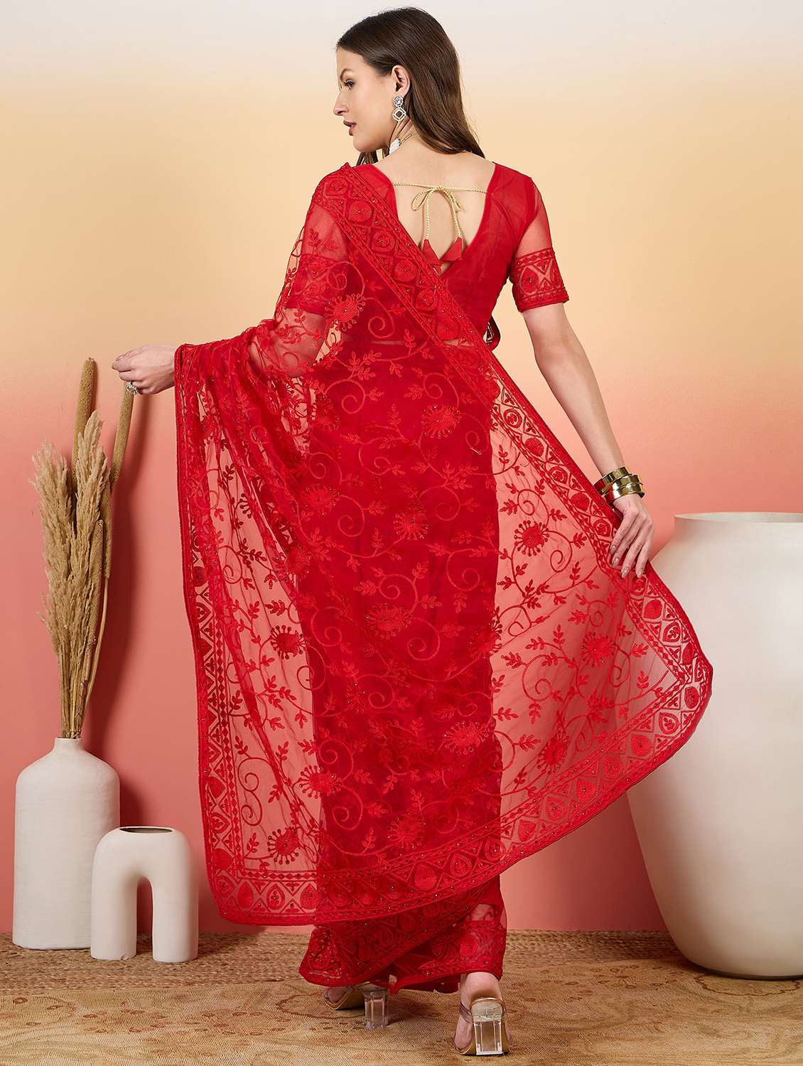 Women Solid With Work Embroidered Saree With Blouse - 22660662 -  Standard Image - 3