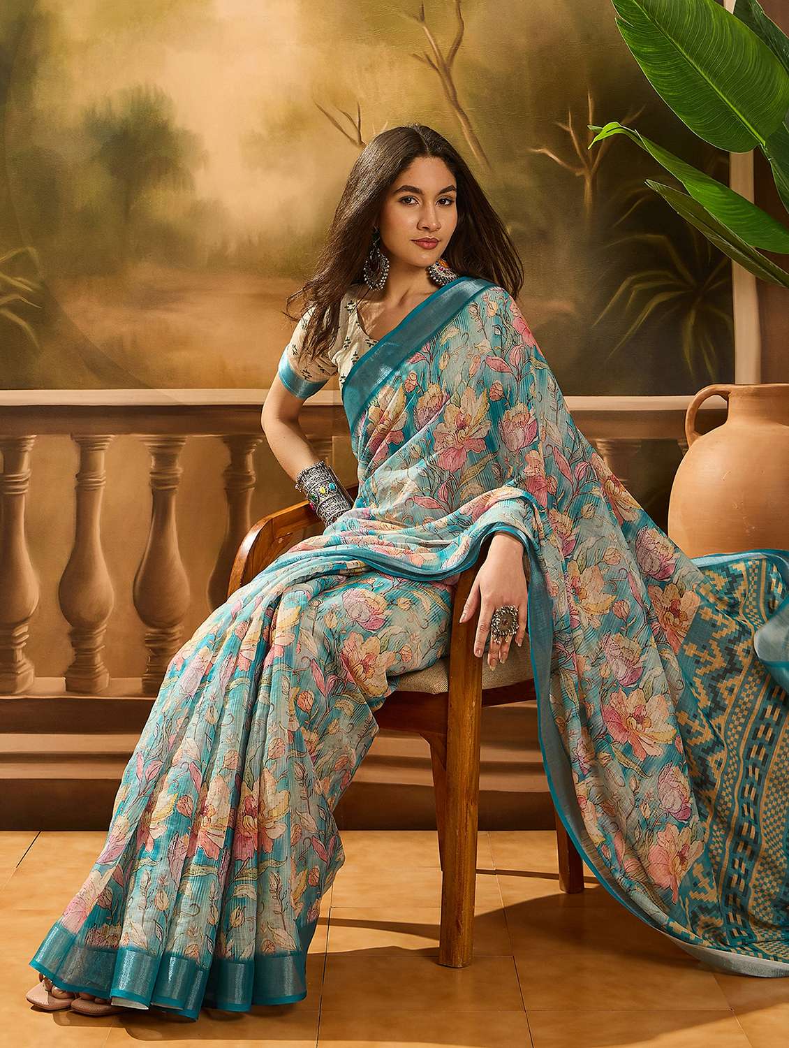 women printed casual wear saree with blouse
