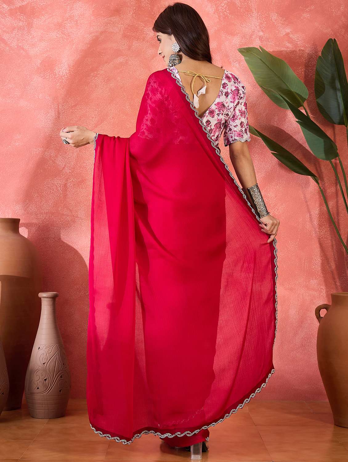 Women Solid With Embellished Bordered Saree With Blouse - 22660695 -  Standard Image - 3