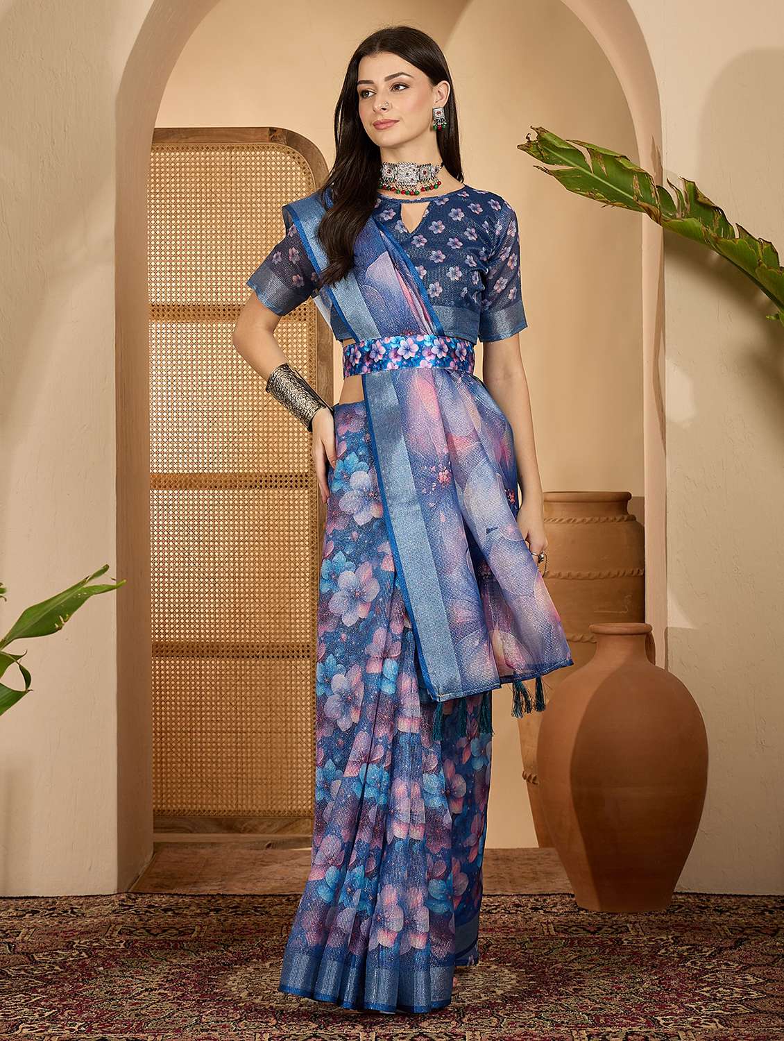 women printed casual wear saree with blouse