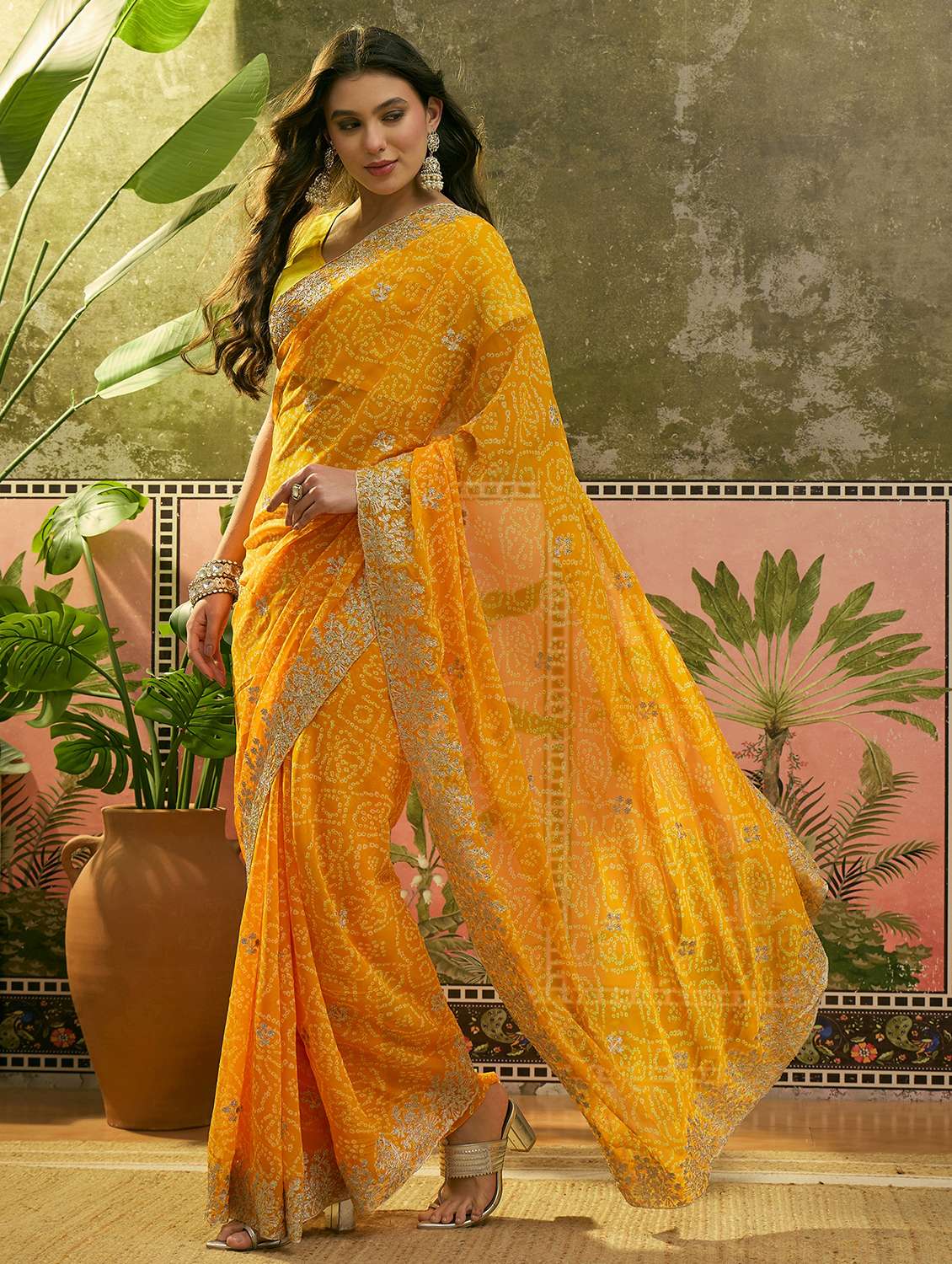 women bandhani printed embroidered saree with blouse