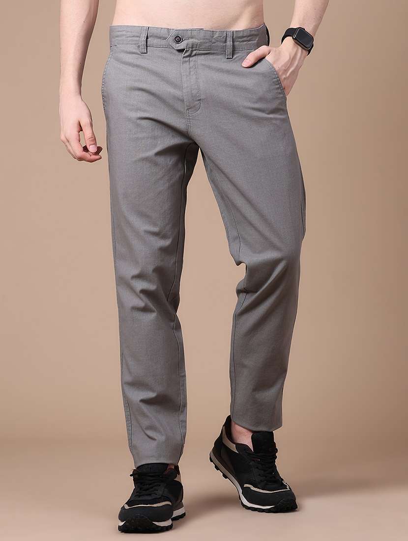 men solid mid rise flat front casual trouser