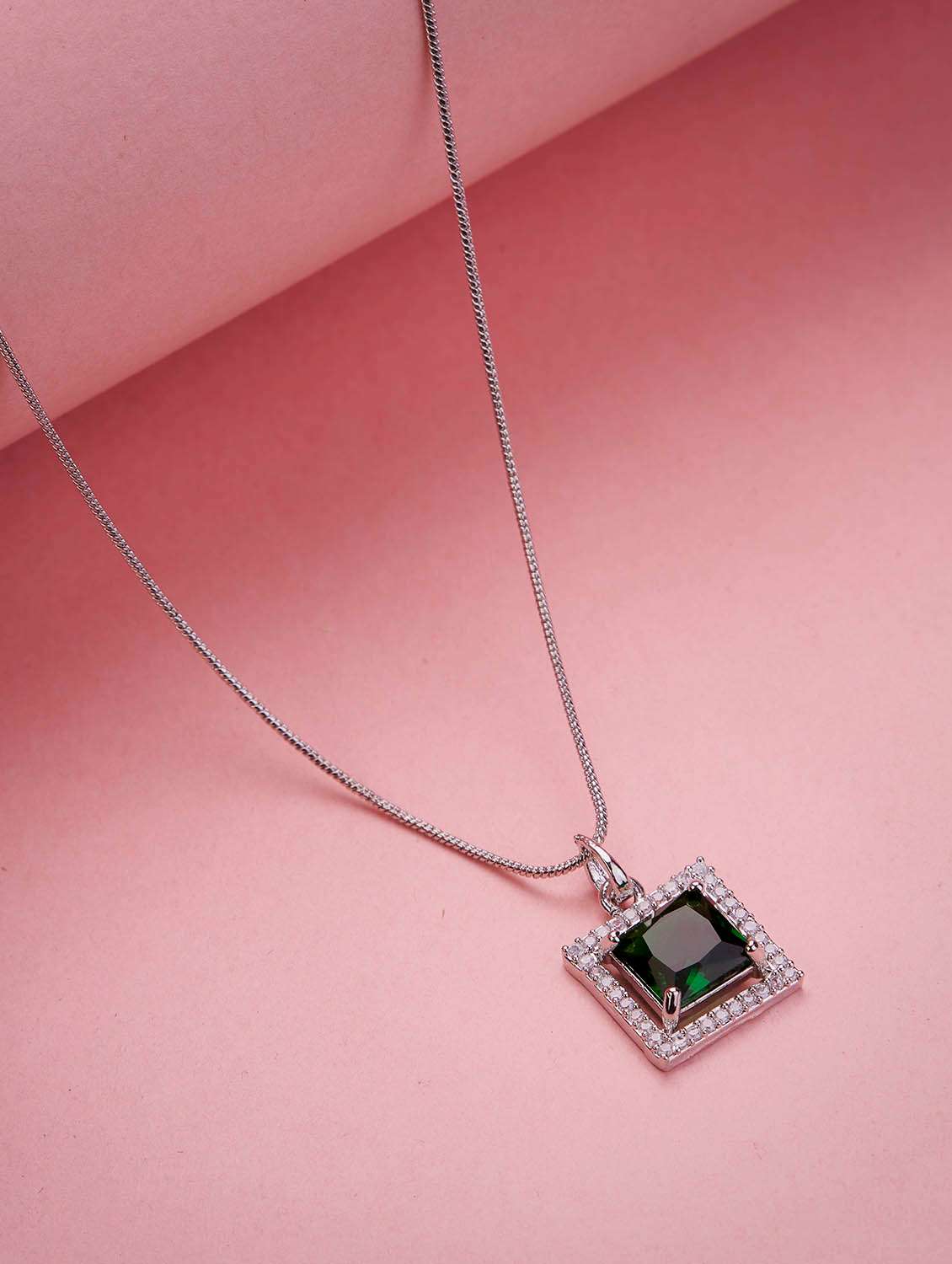 square halo design rhodium plated pendant with chain