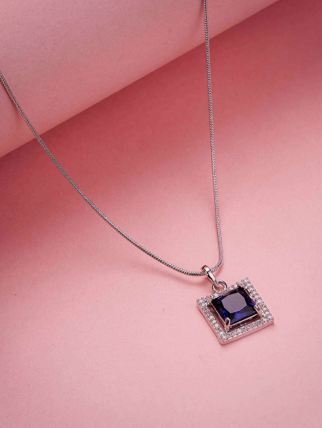 square halo design rhodium plated pendant with chain