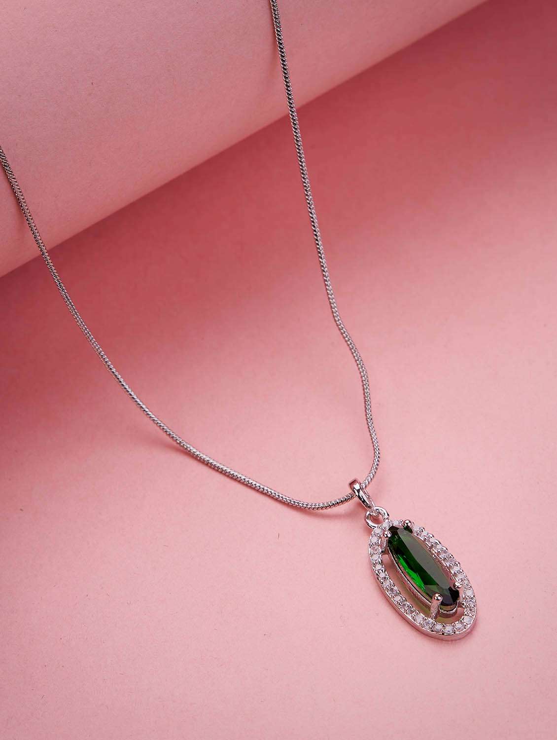elongated oval halo design rhodium plated pendant with chain