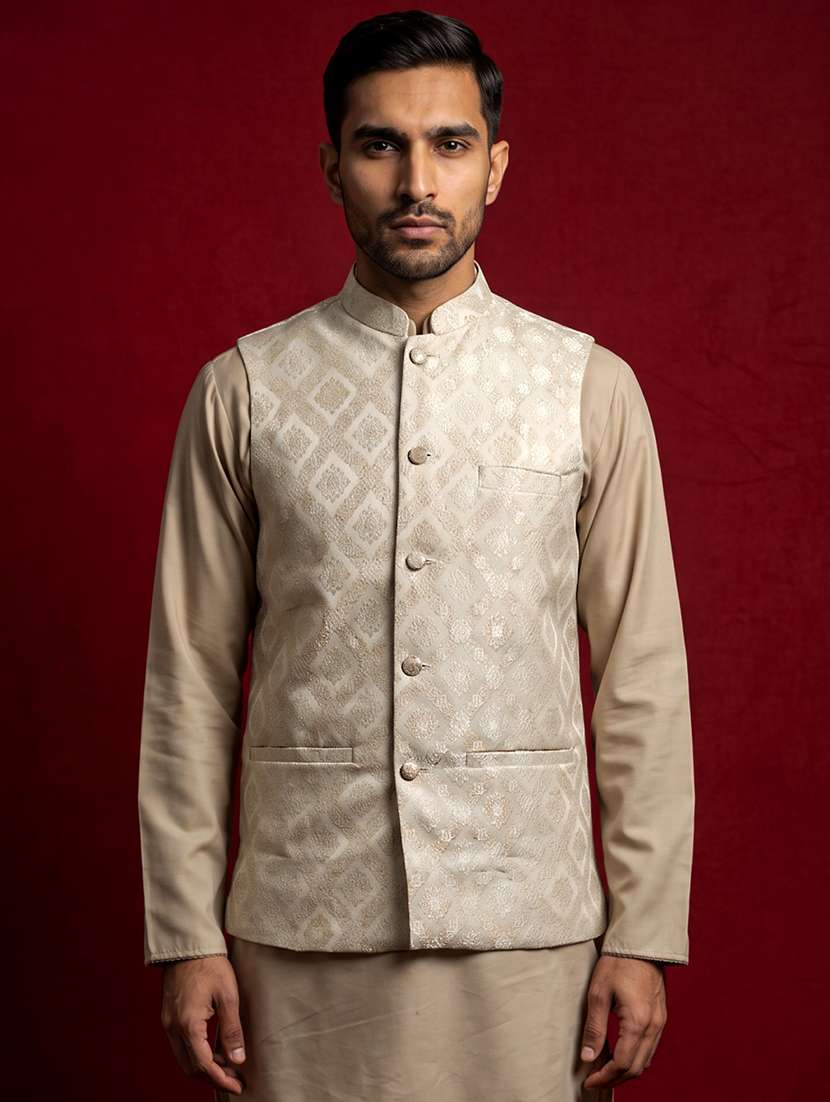 men self design mandarin neck regular fit nehru jacket