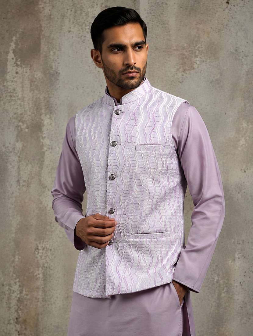 Men Self Design Mandarin Neck Regular Fit Nehru Jacket - 22662052 -  Standard Image - 3