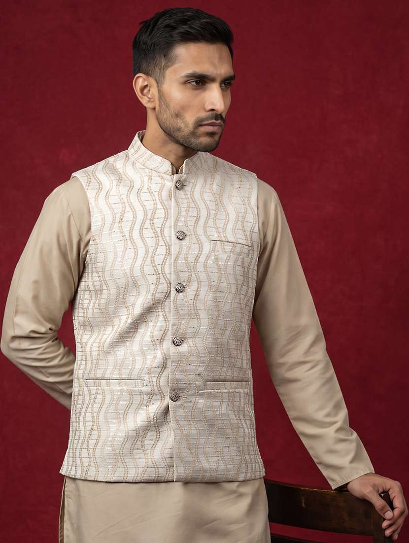 men self design mandarin neck regular fit nehru jacket