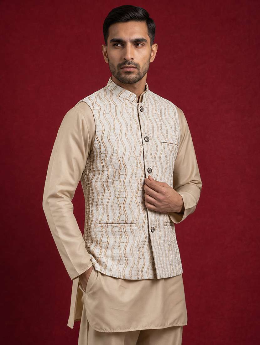 Men Self Design Mandarin Neck Regular Fit Nehru Jacket - 22662054 -  Standard Image - 3