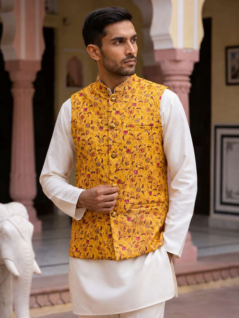 men printed mandarin neck regular fit nehru jacket