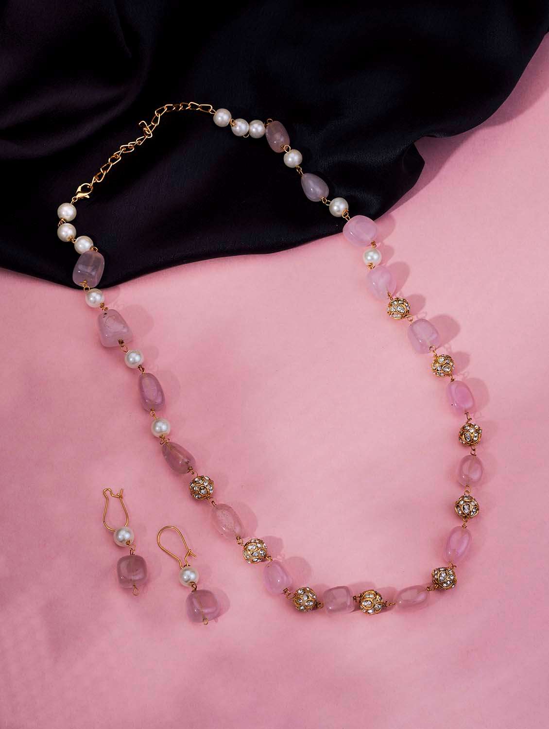 women pink metal pearl beaded necklace earrings set