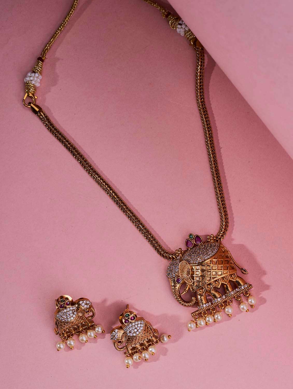 women matte gold elephant necklace set with earrings