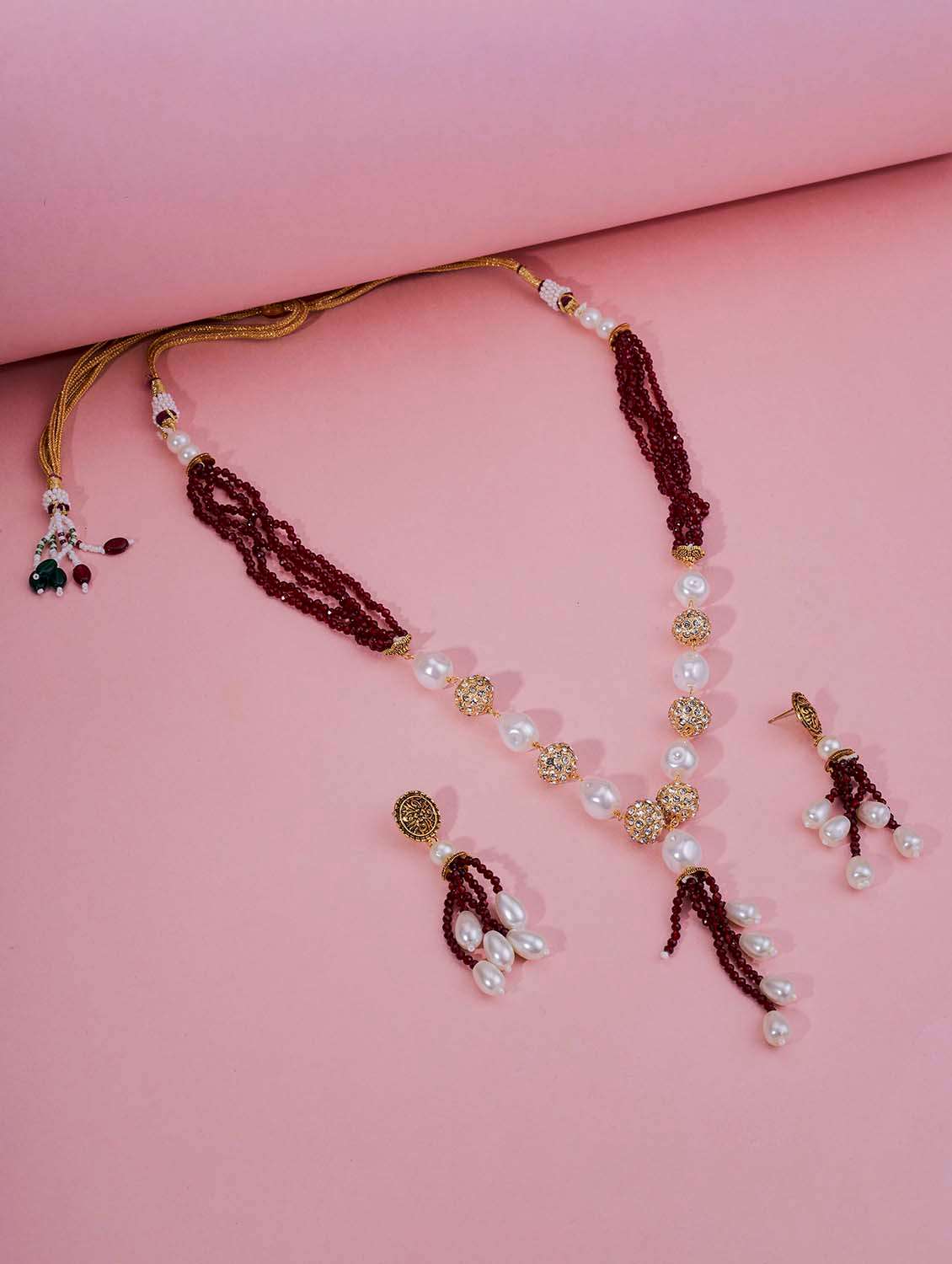 women red pearl beaded necklace with earrings