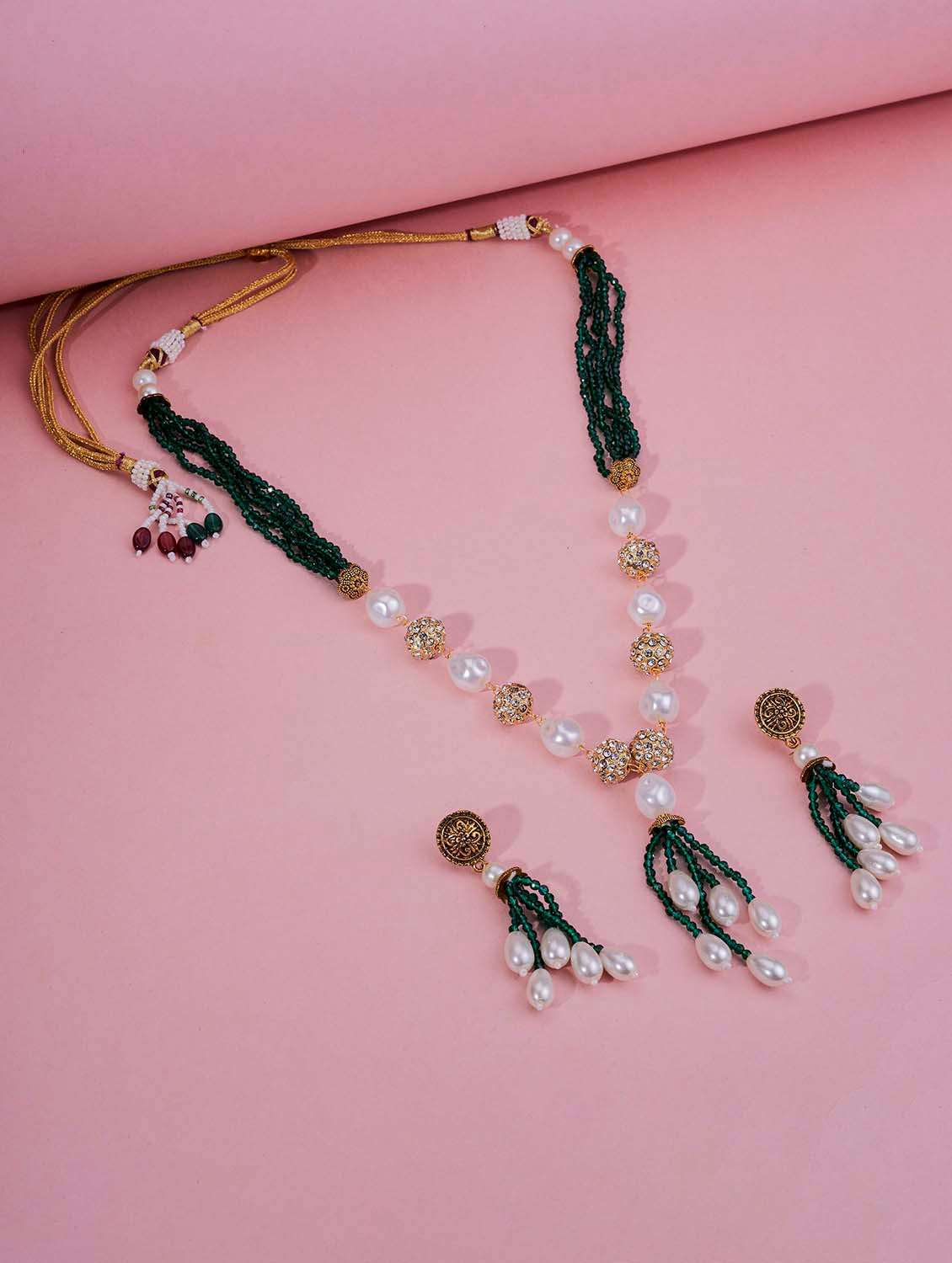 women pearl beaded gold plated necklace set with earrings