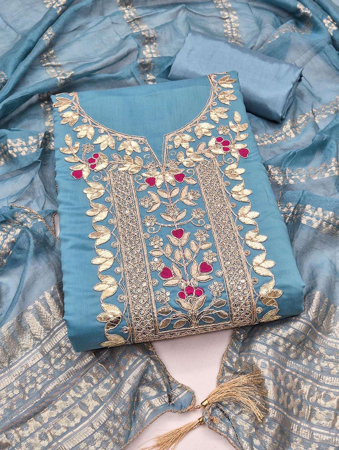 women solid with work unstitched suit set