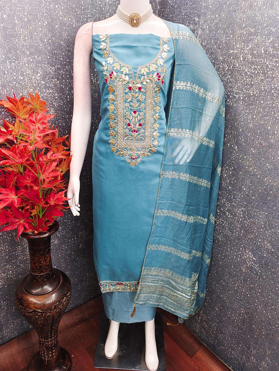 Women Solid With Work Unstitched Suit Set - 22662249 -  Standard Image - 3