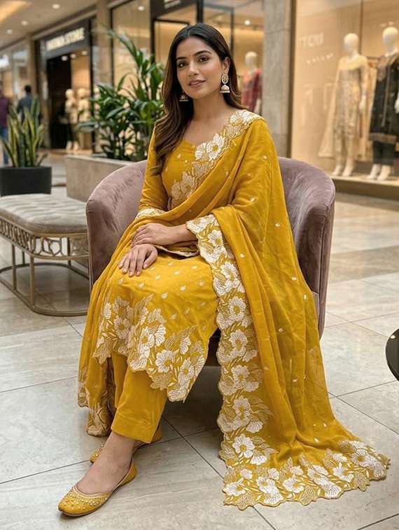 women solid with work unstitched suit set