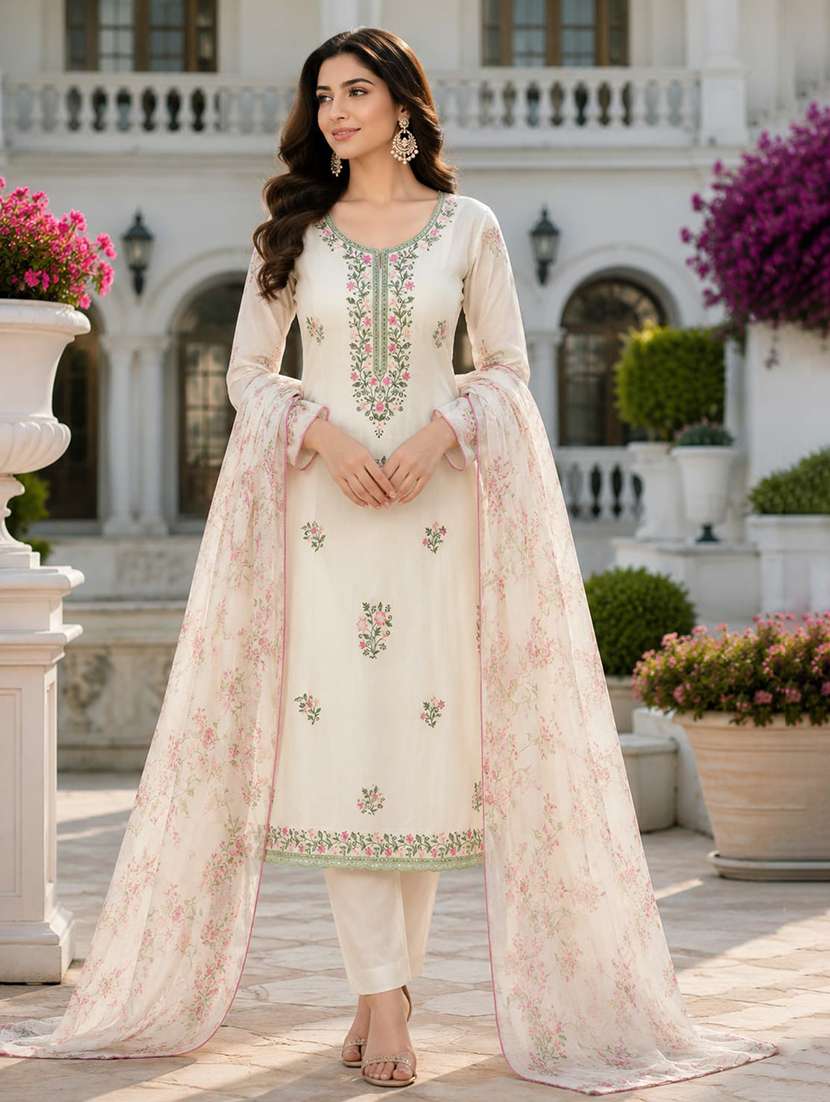 women solid with work unstitched suit set