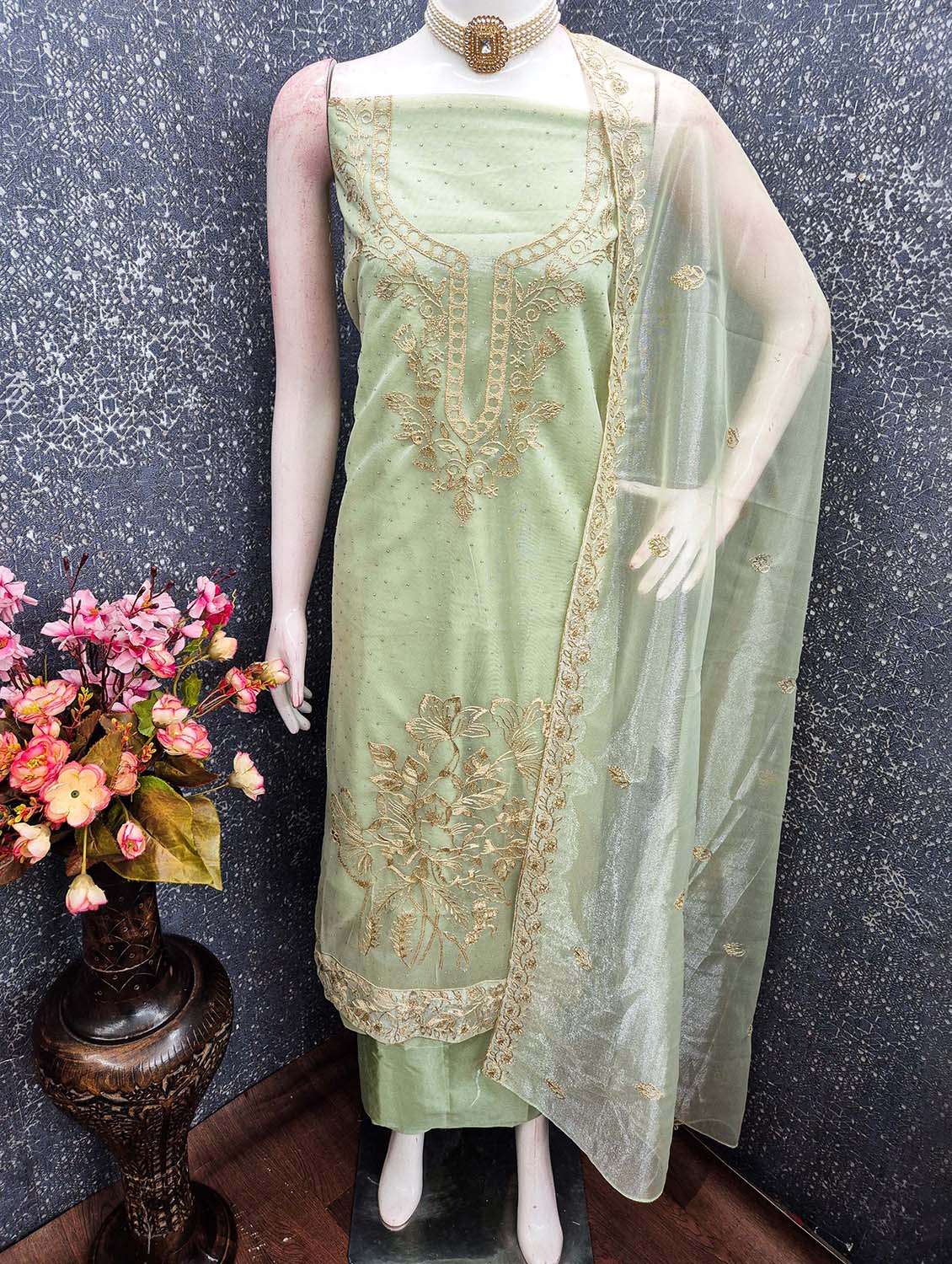 Women Solid With Work Unstitched Suit Set - 22662369 -  Standard Image - 3