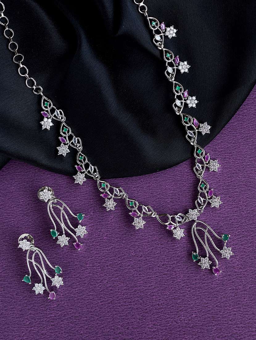 women rhodium plated multi stone necklace earring set 