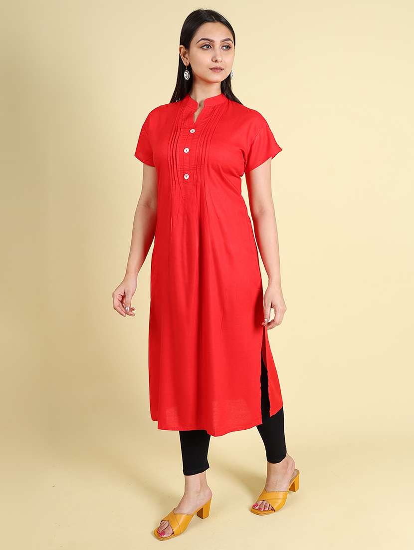 Women Solid Short Sleeve A-line Kurta - 22662473 -  Standard Image - 3