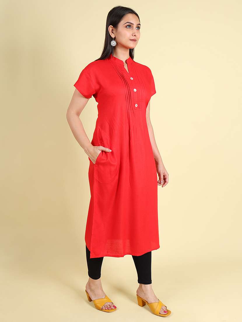 Women Solid Short Sleeve A-line Kurta - 22662473 -  Standard Image - 5
