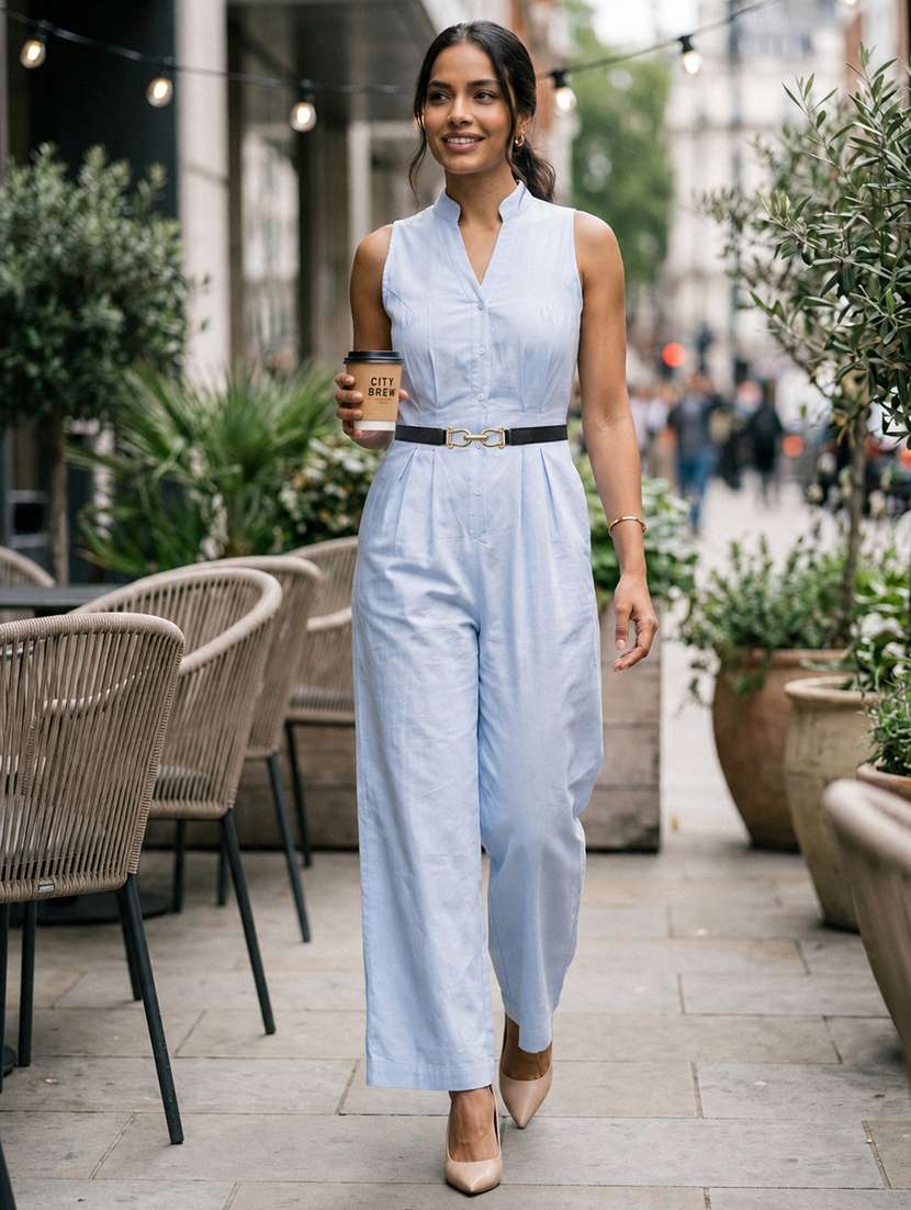 women solid sleeveless full leg jumpsuit