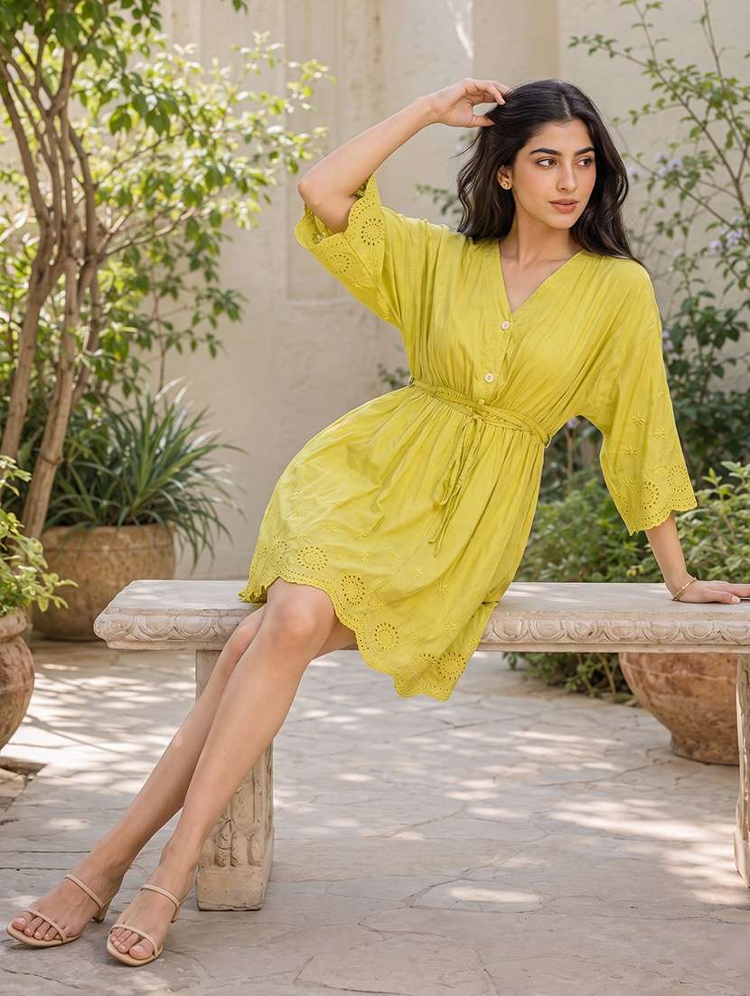 women embroidered three quarter sleeves a-line dress