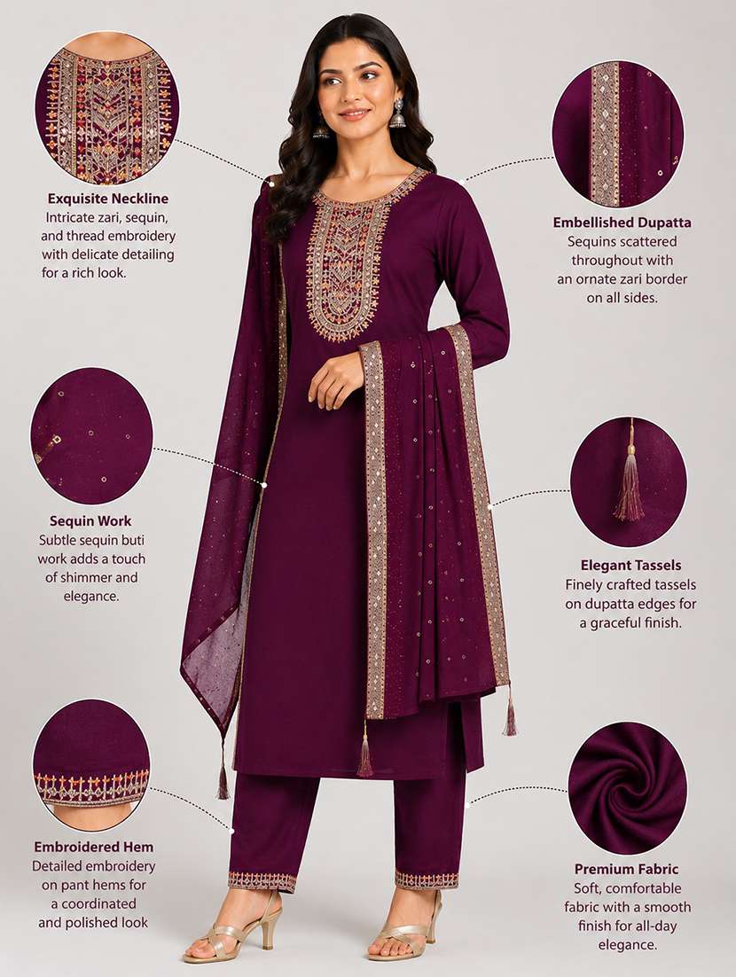 Women Solid With Work Long Sleeve Kurta Pant With Dupatta Set - 22663824 -  Standard Image - 3