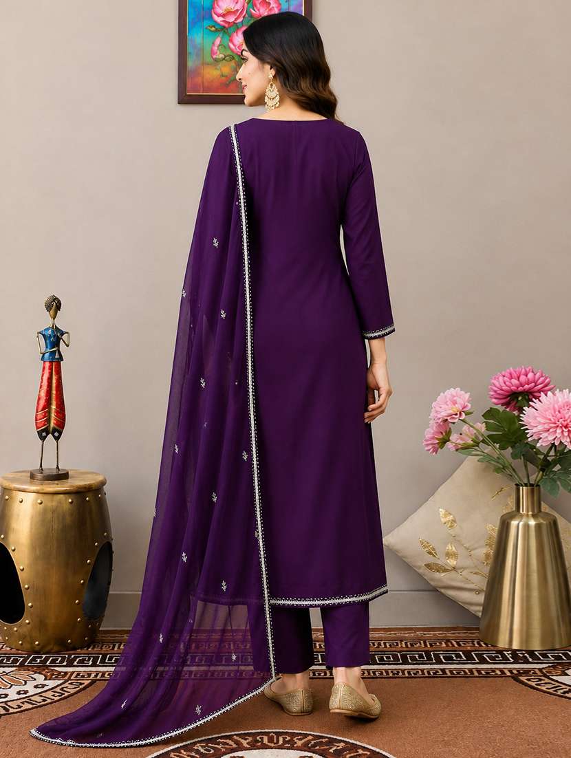 Women Solid With Work Three Quarter Sleeve Kurta Pant With Dupatta Set - 22663827 -  Standard Image - 3