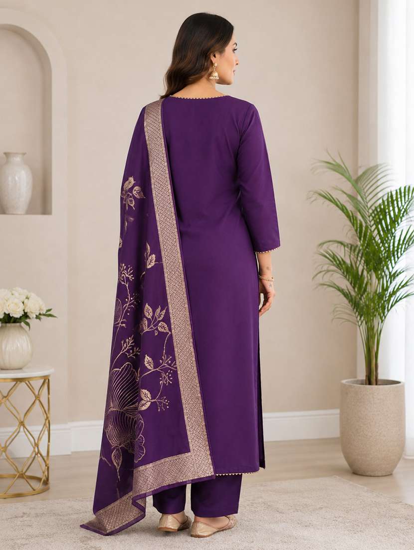 Women Solid With Work Three Quarter Sleeve Kurta Pant With Dupatta Set - 22663832 -  Standard Image - 3