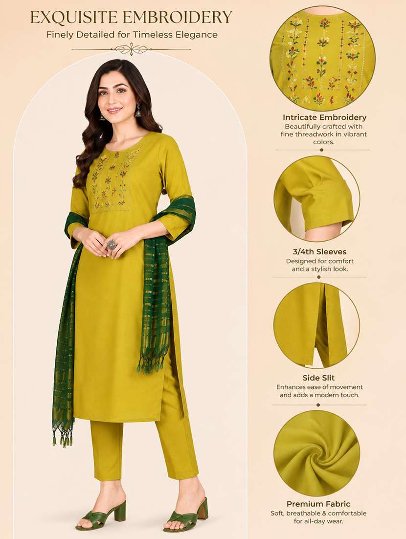 Women Solid With Work Three Quarter Sleeve Kurta Pant With Dupatta Set - 22663842 -  Standard Image - 5