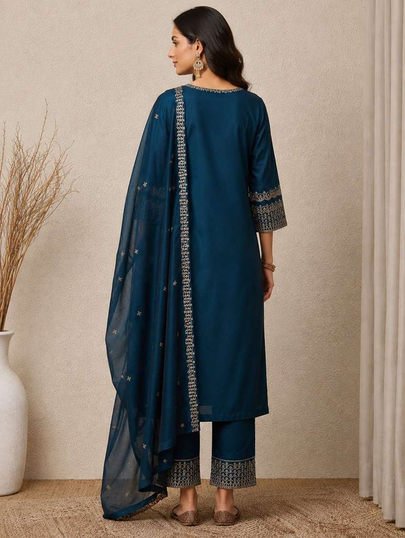 Women Solid With Work Three Quarter Sleeve Kurta Pant With Dupatta Set - 22663852 -  Standard Image - 3