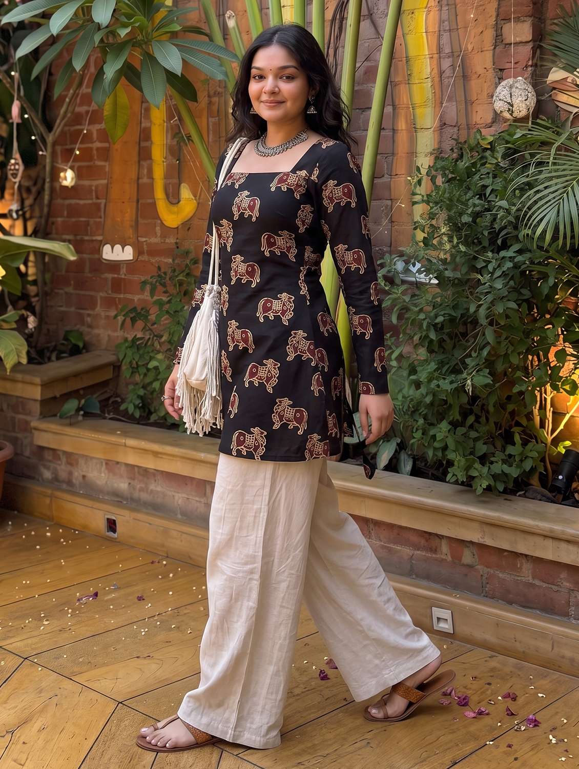 women printed long sleeves straight kurti