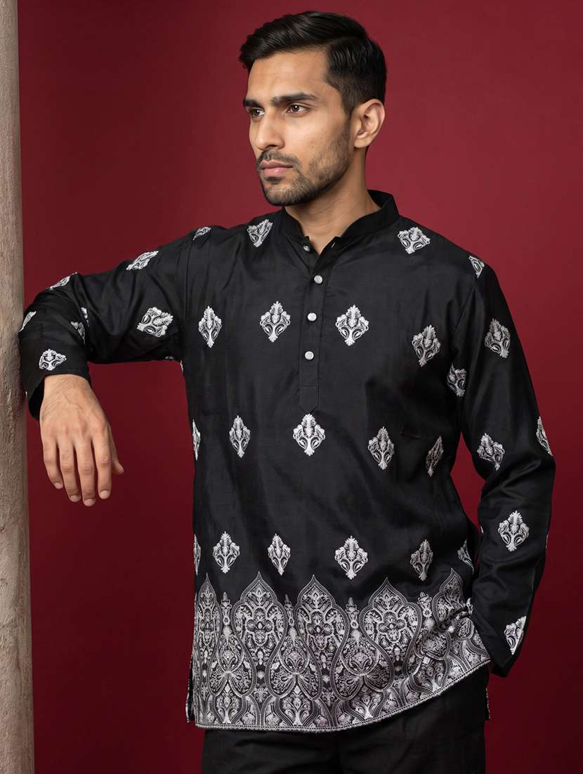 men embroidered mandarin neck short kurta