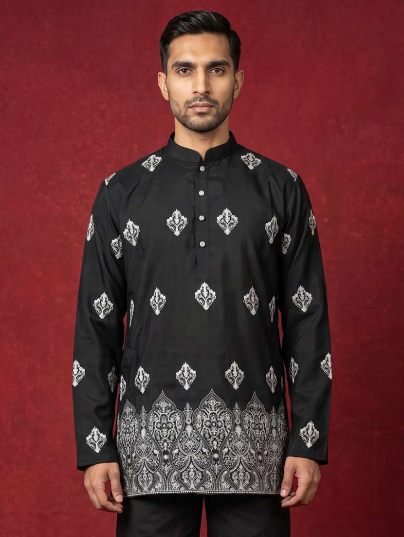 Men Embroidered Mandarin Neck Short Kurta - 22664546 -  Standard Image - 3