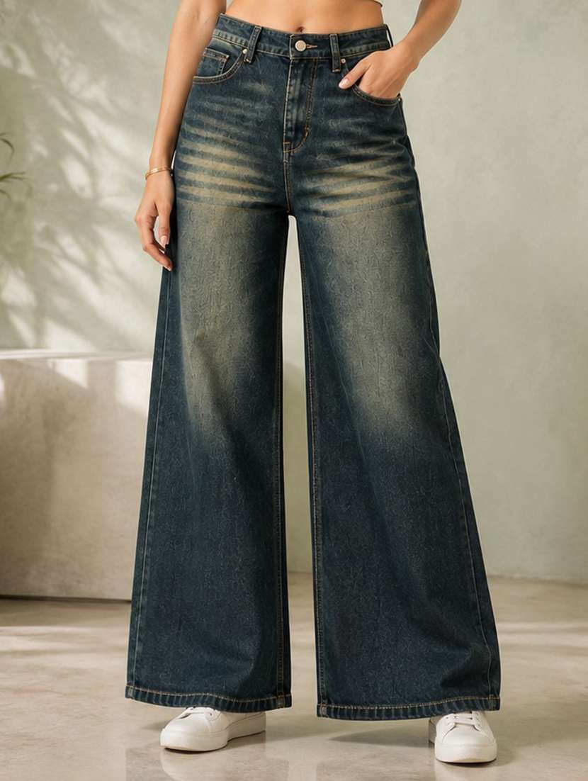 women washed mid rise wide leg jeans