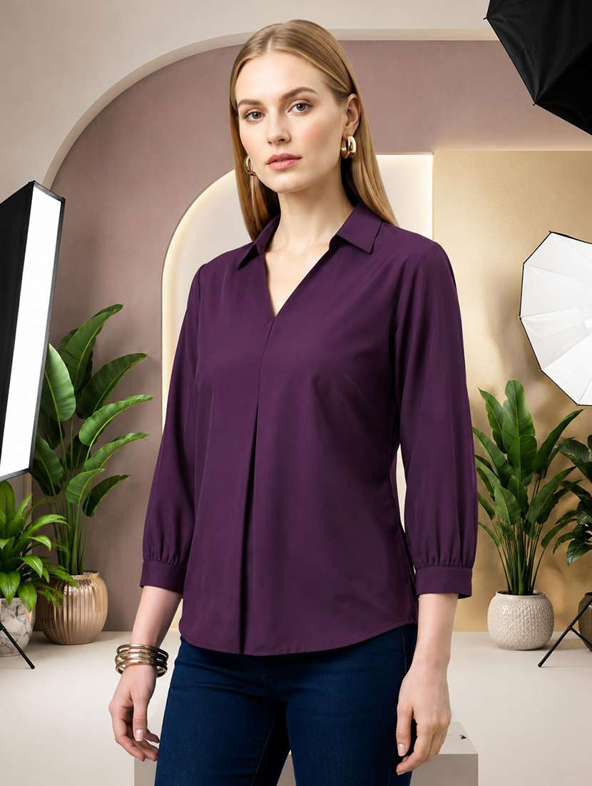 women solid three quarter sleeves regular top