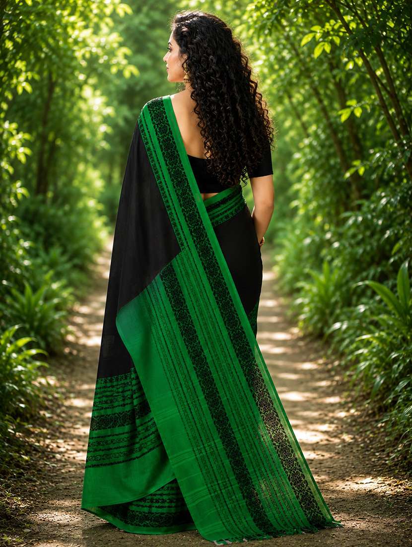 Women Solid With Bordered Handloom Saree With Blouse - 22665014 -  Standard Image - 3