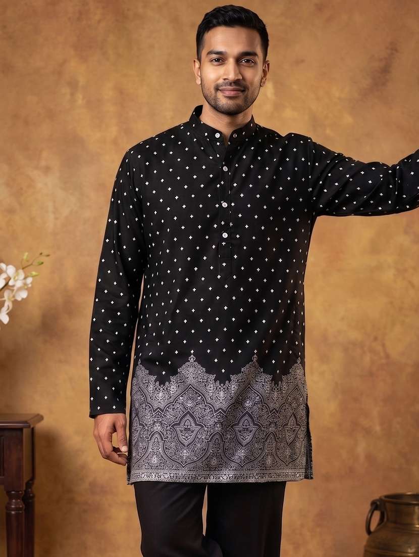 men printed mandarin neck short kurta - 22665159 -  Standard Image - 3