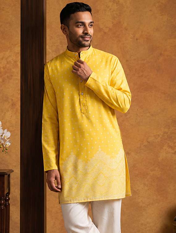 men printed mandarin neck short kurta