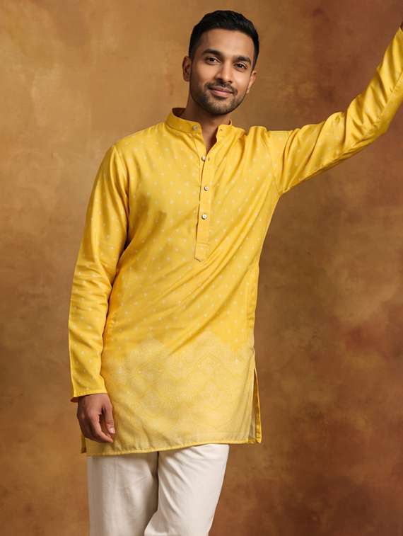 men printed mandarin neck short kurta - 22665161 -  Standard Image - 3