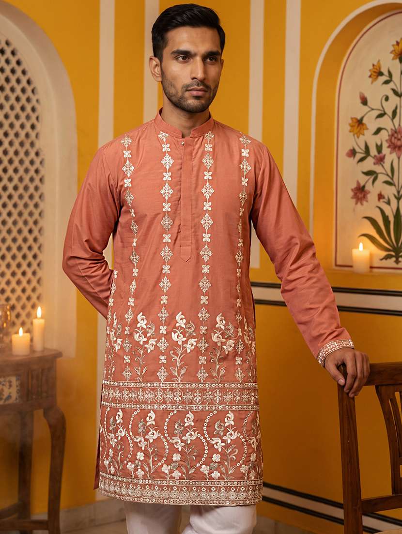 men embroidered mandarin neck long kurta