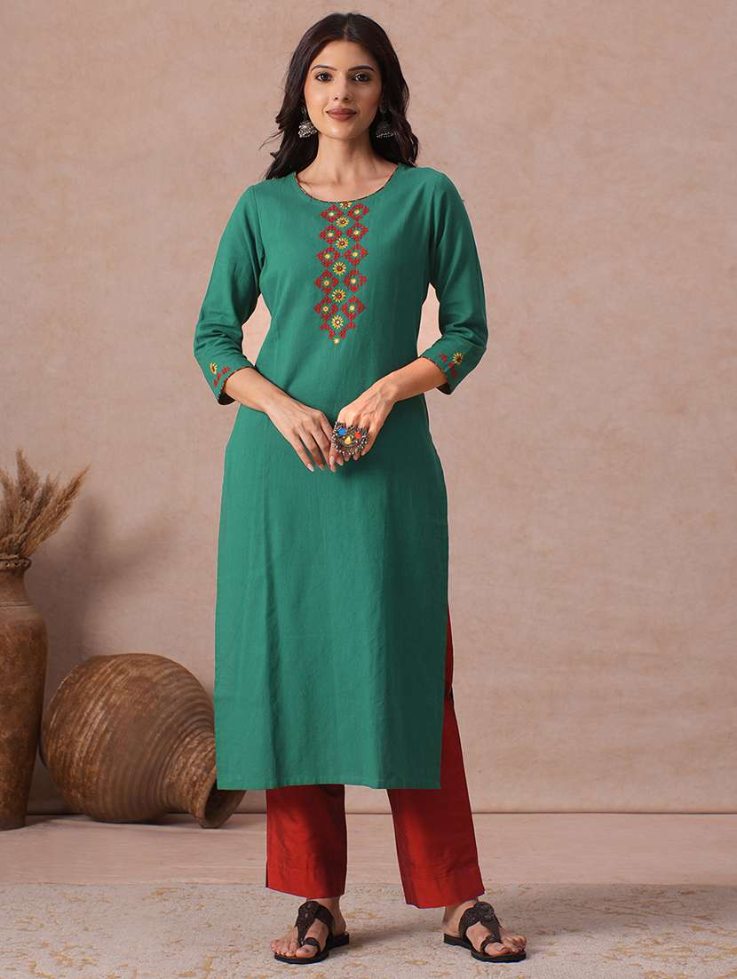 women embroidered three quarter sleeves straight kurta