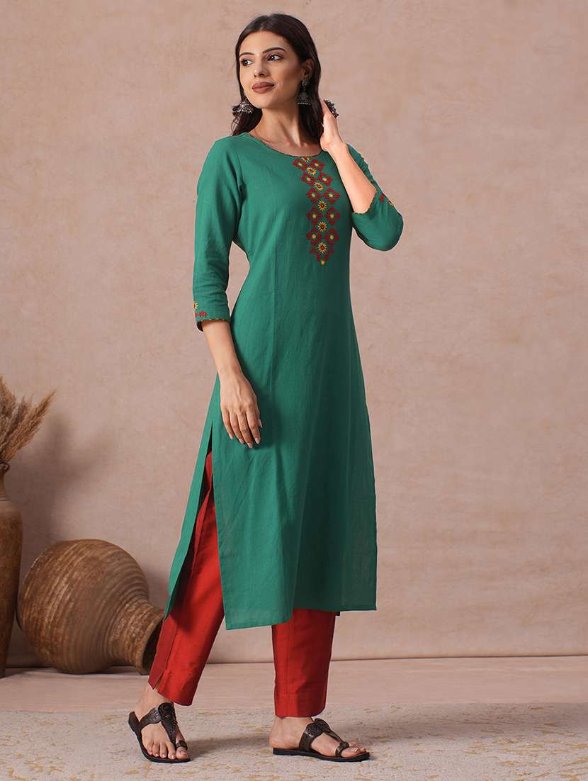 Women Embroidered Three Quarter Sleeves Straight Kurta - 22665489 -  Standard Image - 3