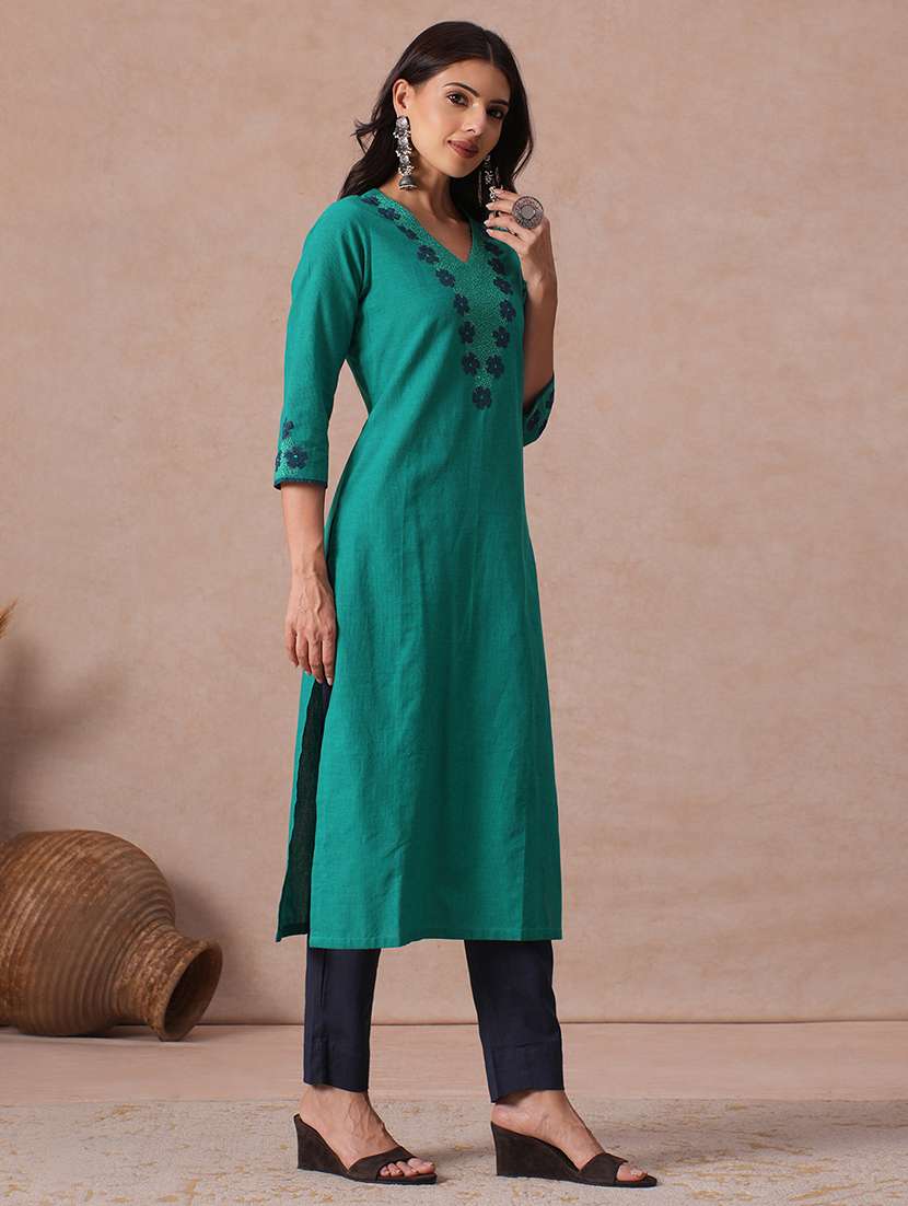 Women Embroidered Three Quarter Sleeves Straight Kurta - 22665490 -  Standard Image - 3