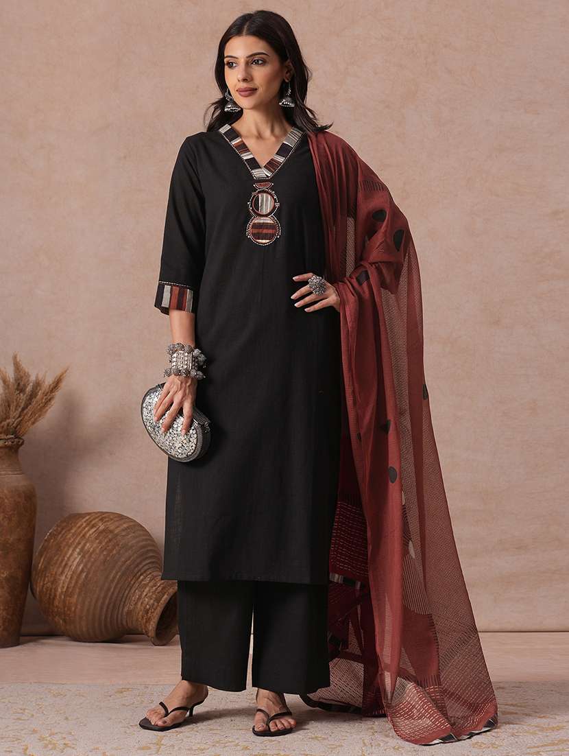 women embroidered three quarter sleeves kurta palazzo set with dupatta