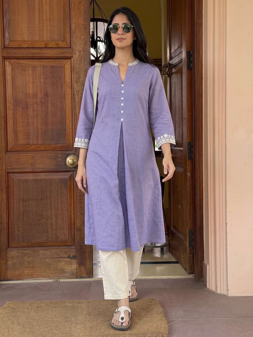 women embroidered three quarter sleeves kurta pant set